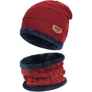 Kids Boys Girls  Winter Warm Knit Beanie Hat Cap Neck Scarf Set with Fleece